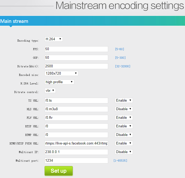 RTMPS settings for oupree encoder to Facebook Live Stream